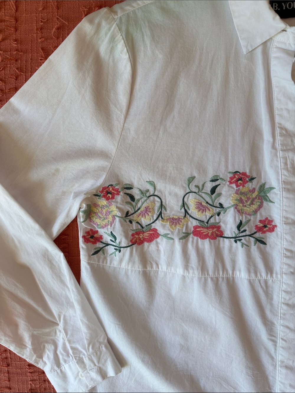 Embroidered Floral 100% Cotton White Button-Down Shirt